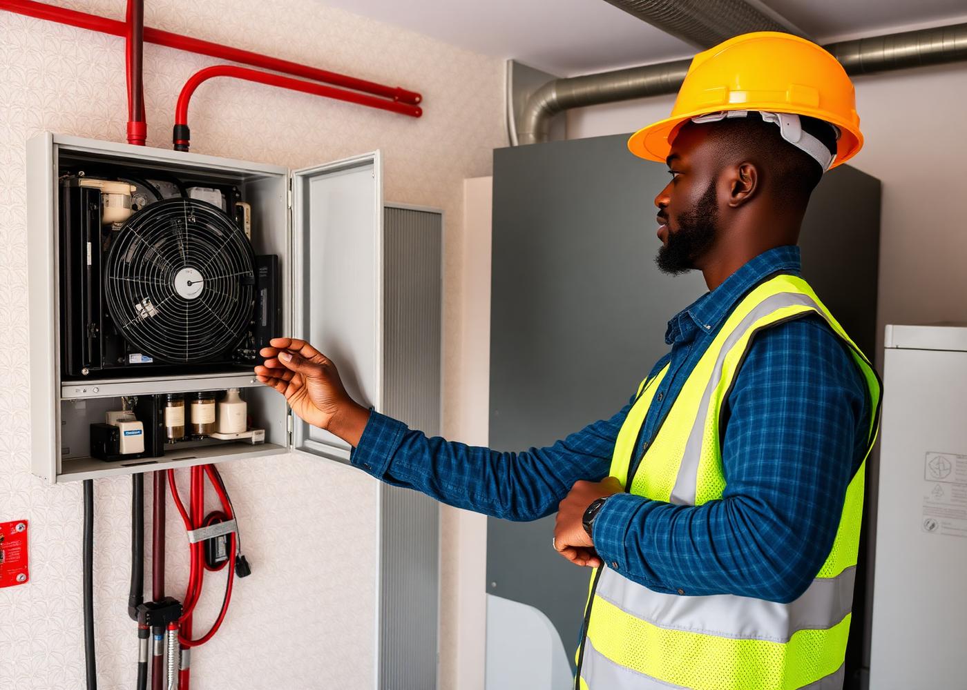 BDTECH engineer inspecting a solar inverter and battery bank